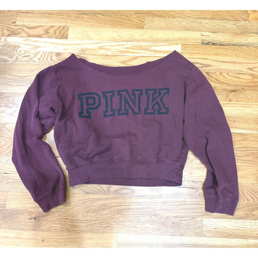 Victoria's Secret PINK Burgundy Maroon Cropped Raw Neck Logo Sweatshirt Slouchy